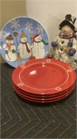Holiday plates and snowman
