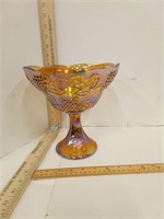 Footed Amber Carnival Glass Serving Bowl