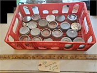 Red Coca Cola tote & 22 old jar lids zinc tin