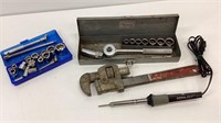 Tool lot: electric soldering iron, pipe wrench,