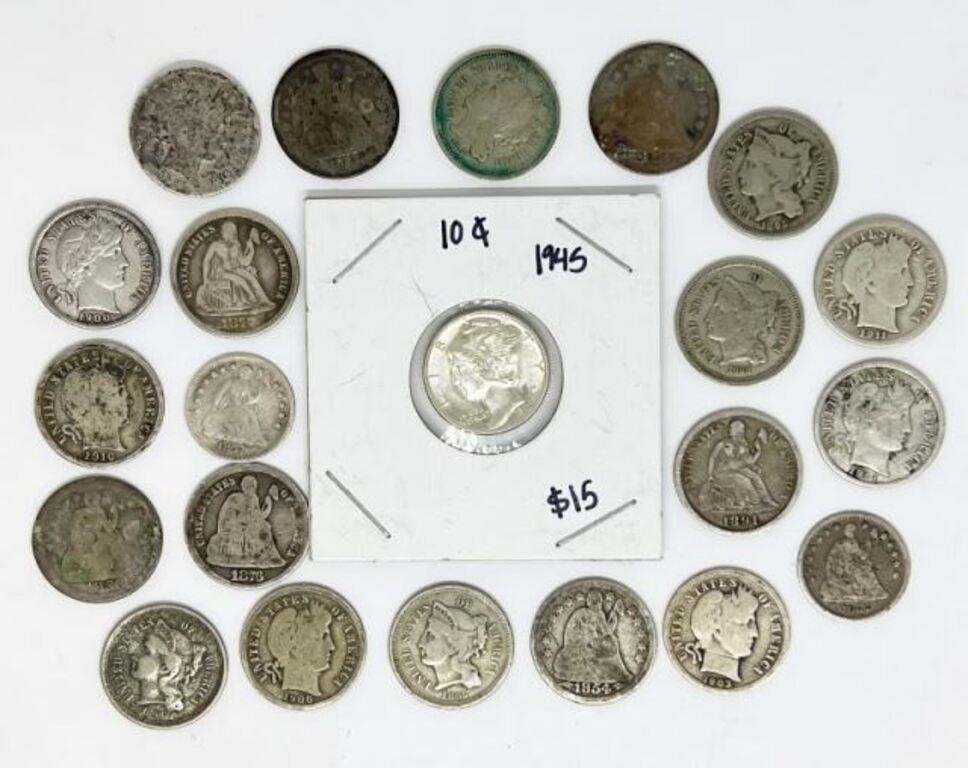Lot of Old Dimes, Half Dimes & Three Cent Pieces.