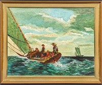 Original Oil On Panel Boys On A Boat Rosemary Smit