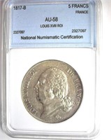 1817-B 5 Francs NNC AU-58 France