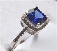 Blue Sapphire & White Topaz Sterling Silver Ring 6