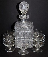 Pressed Glass Decanter with 7 small