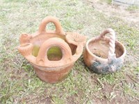 (2) Clay Flower Baskets w/Handles