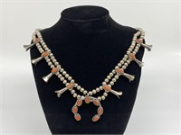 Sterling Silver Coral Squash Blossom Necklace.