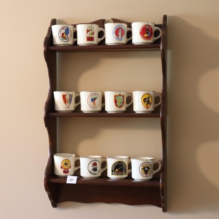 Vintage Boy Scout mugs with the display oak shelf