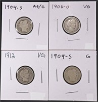 1904S AG/G,1906O VG,1909S G,1912 VG BARBER DIMES