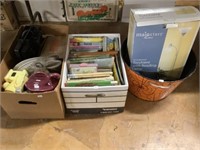 Metal pail, floor lamp, books, plates, assorted