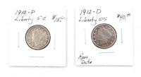 (2) Silver 1912-P & 1912-D Seated Liberty Nickels