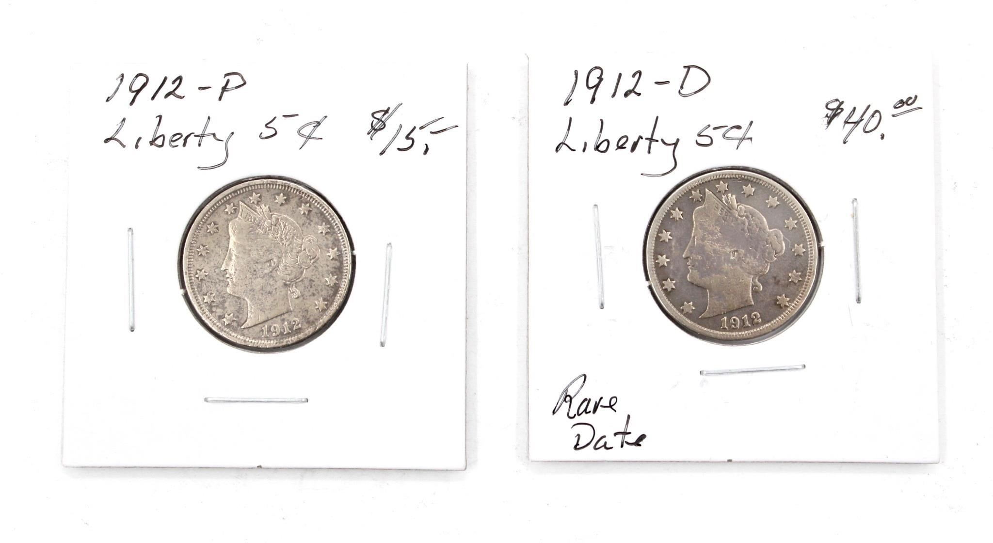 (2) Silver 1912-P & 1912-D Seated Liberty Nickels