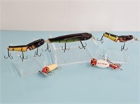 5 FISHING LURES - 3 LUCKY STRIKE, JITTERBUG, HULA