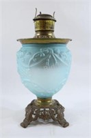 Blue Satin Frosted Glass w Brass Kerosene Lamp