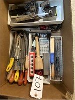 BOX OF FILES, SQUARES & TAPE MEASURES