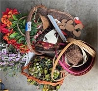 Baskets, artificial flowers, fruits arrangements