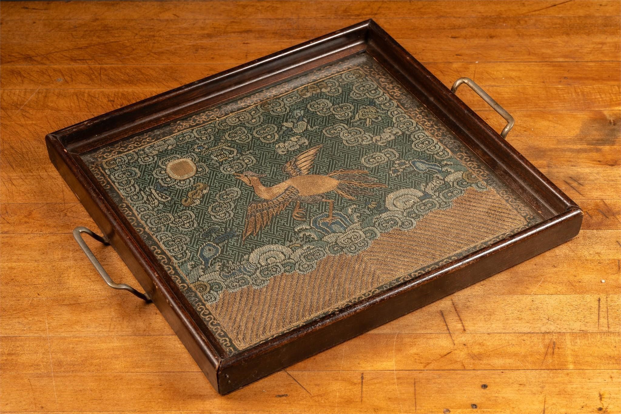 Antique Serving Tray with Embroidered Crane
