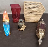 Lot w/ Brass Candle Lantern, Pottery Craft Vase &