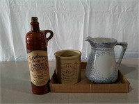 Stoneware bottle, marmalade crock and pitcher