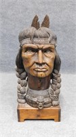 Carved Wood Native American Bust, Signed