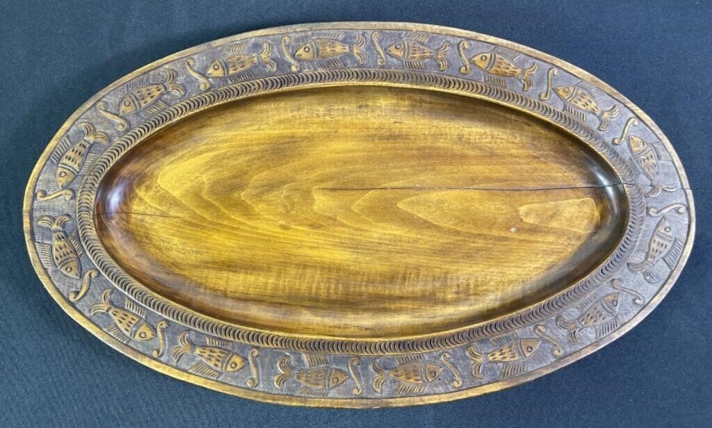 Hand Carved Fish Oval Wood Serving Bowl