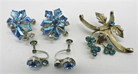 Blue Rhinestone Earrings & Pin