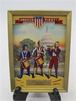VINTAGE REVERSE PAINTED AMERICA FIRST AD FRAME