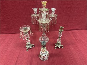3 Items: Colonial Pattern Crystal Candelabra, 19