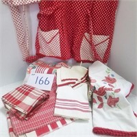 Assorted red & white linens; 2 aprons