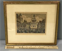 Town Gathering Scene Colored Lithograph