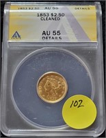 1853 LIBERTY $2.50 GOLD COIN - CLEANED, AU55