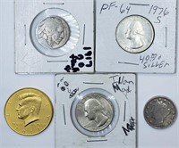 5 U.S. Coins including 40% Silver Bicentennial