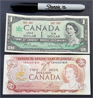 2 billets de 1$ 1967 CANADA et 2$ 1974 CANADA