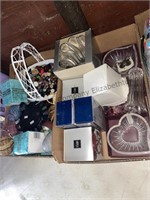 2 boxes glassware, miscellaneous buttons, and