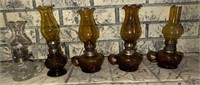 4 Vintage Mini Glass Amber Oil Lamps
