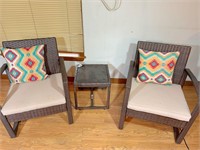 brown synthetic wicker set- chairs, table w/glass