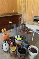 Garden pots, tomato cages,  lawn sprayer