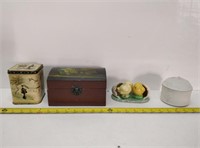 old treasure box, tin, salt and pepper, etc.