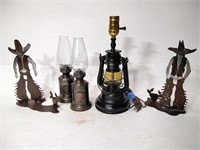 Vtg Oil Lamps, Metal Cowboy Figures & More
