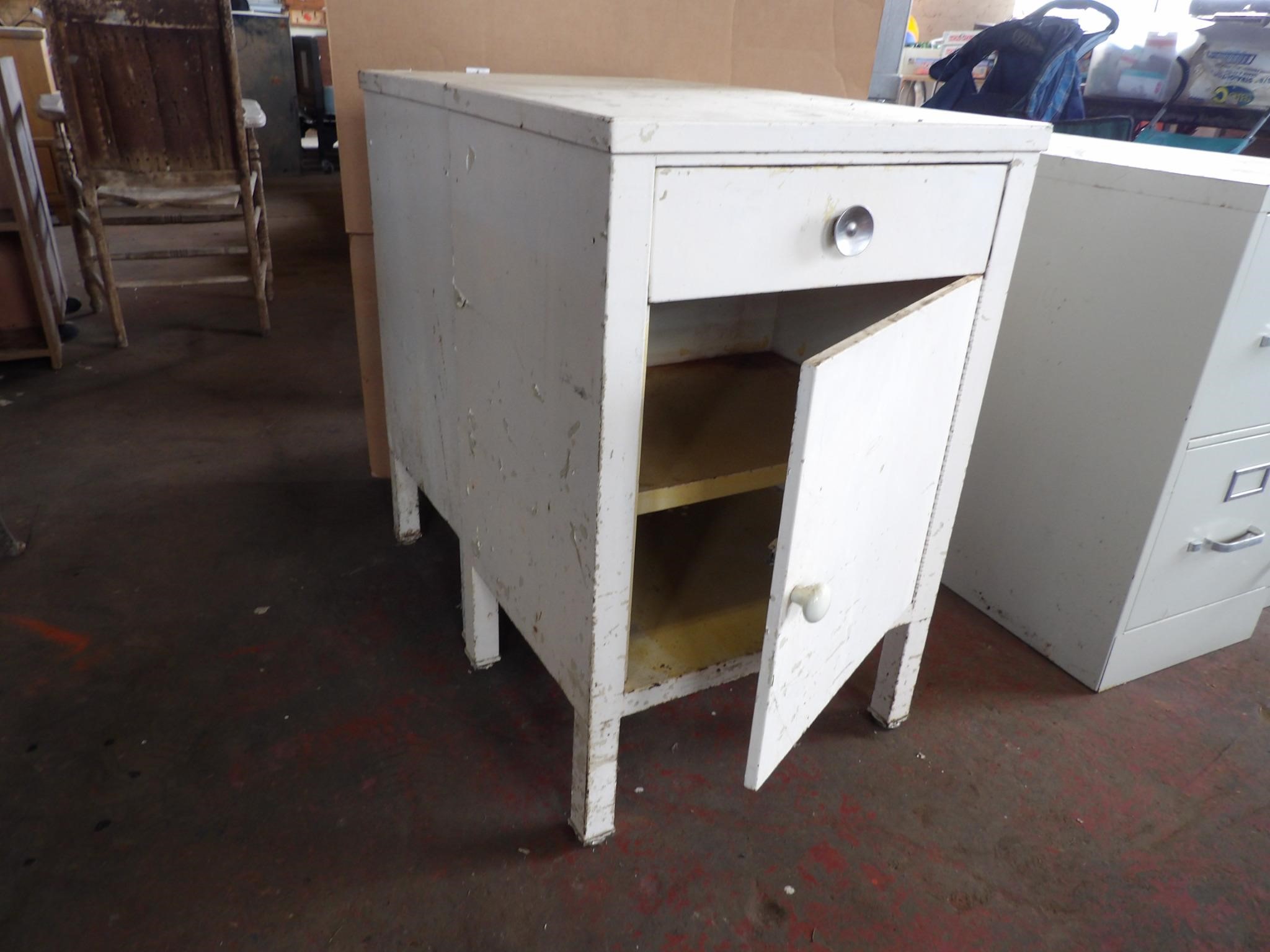 2 Metal Cabinets - w/ a Door, a Drawer & 2 Shelves