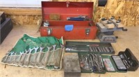 Tool box, workbench vise, drill bits, socket set