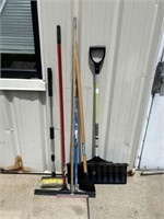 Squeegees, shovel, hose brush, and garden tool