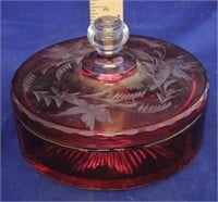 Etched Cranberry Glass Dish w/Lid