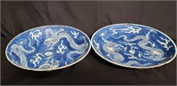 Pair of signed vintage Asian dragon center bowls