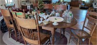 Oak Dining Table, Drop Leaf Ends, 8 Chairs, 2 End