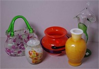 Five assorted coloured glass vases