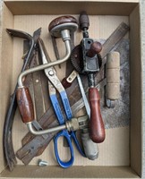 (G) Flat of assorted tools including Hand drills,