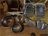 Stainless steel bowls, trays, misc items