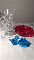 Fistoria Red Coin Glass, Blue Birds and Vase