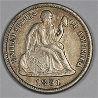 1891 s Liberty Seated Dime - AU Plus Grade